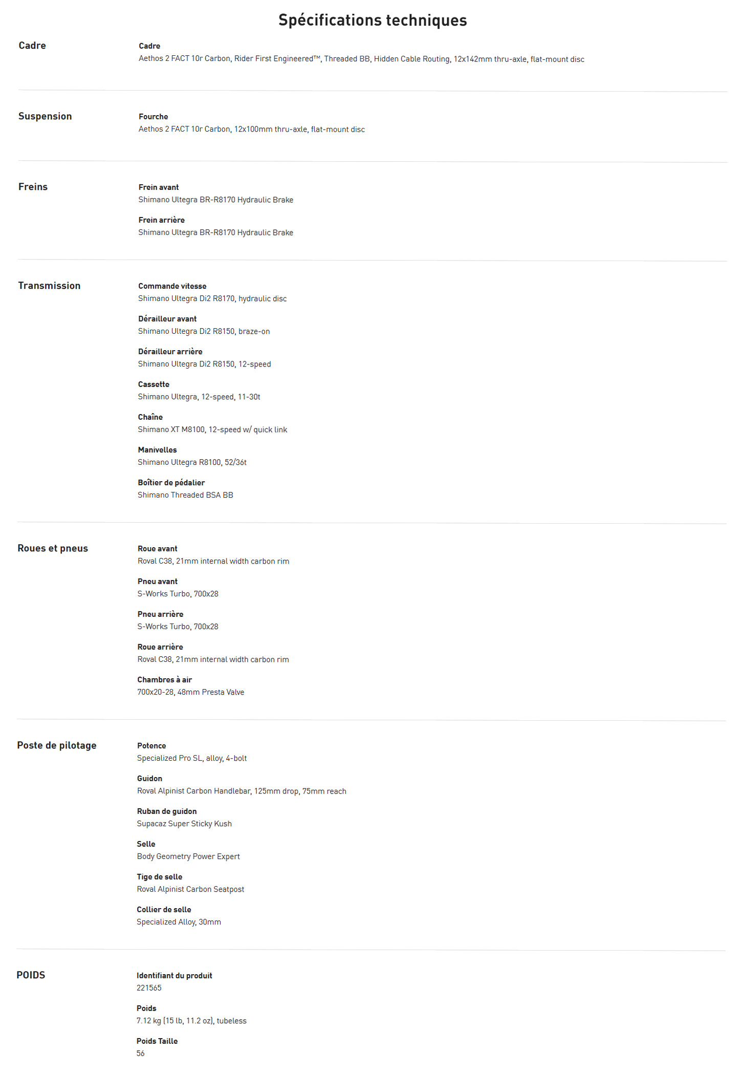 Caracteristique technique du vélo Aethos 2 Expert année 2026